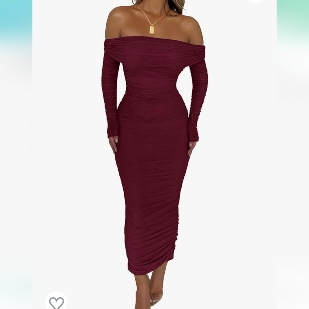 Off Shoulder Maxi Bodycon Dress Long Sleeve Ruched Fitted with Slit in back SZ L